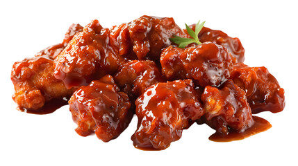  Ultra-HD macro shot of boneless buffalo wings drizzled with tangy sauce, transparent background
