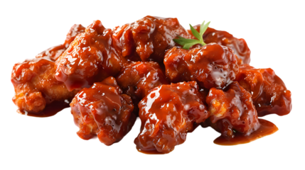  Ultra-HD macro shot of boneless buffalo wings drizzled with tangy sauce, transparent background