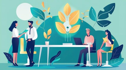 A group of professionals in a modern office are working together on a project