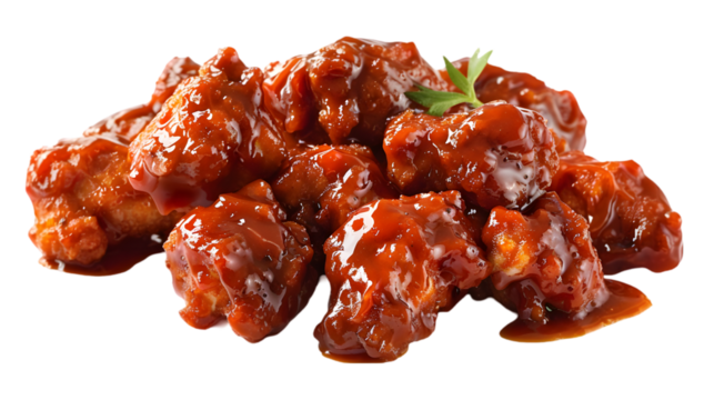  Ultra-HD macro shot of boneless buffalo wings drizzled with tangy sauce, transparent background