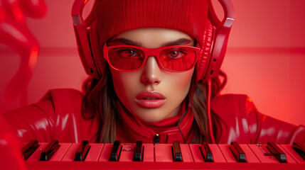 professional commercial photography of young caucasian woman wearing red headset and glasses, synthesizer keyboard, pop music concept, red background