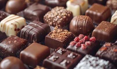 An assortment of pralines. The intricate details and vibrant colors of the chocolates