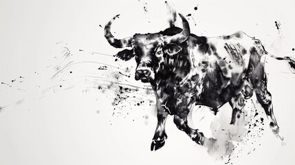 Ox, bull, cow on white background. Lunar horoscope sign ox, bull, cow. Chinese Happy new year 2021. Year of the ox. Lunar new year. Drawing ox, bull, cow ink