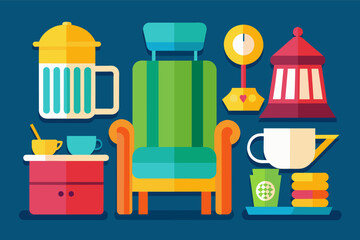 A flat design of a chair, coffee pot, and other items.
