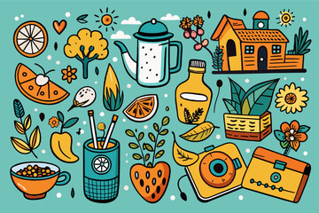 Hand-drawn holiday icons including snowflakes, presents, and holly leaves.