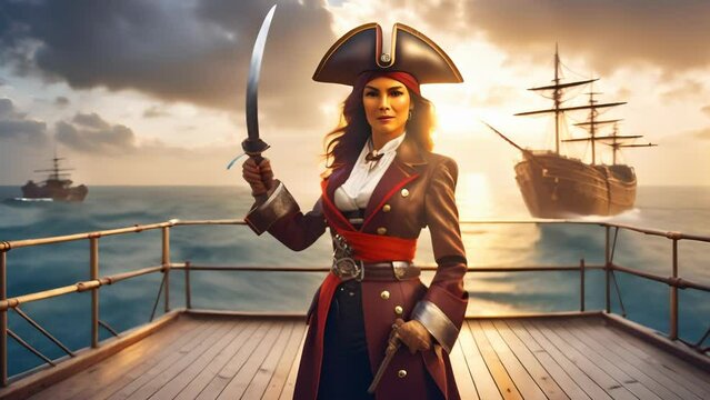 A female pirate captain stands confidently on the deck of a ship at sunset, wielding a cutlass. The background features other pirate ships and a dramatic sunset over the ocean.