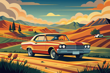 A vintage car driving down a mountain road.