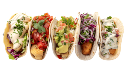  Ultra HD shot of hard shell, soft shell, fish taco, and street taco styles, transparent background