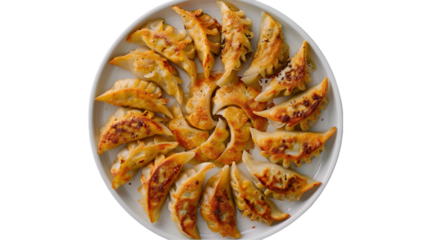  Ultra HD overhead shot of veggie potstickers, each perfectly browned, arranged in a circular pattern, transparent background