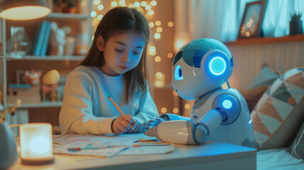 oriental Young girl doing her school homework with an artificial intelligence assistance robot using technology for early education