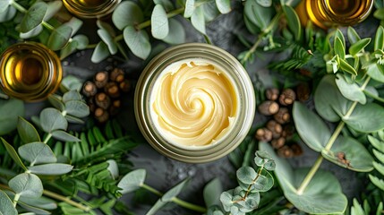 Top view hand cream in jar, essential oil, skin lotion and eucalyptus leaves. Natural organic...