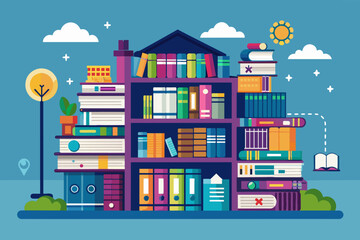 Bookshelves filled with colorful books in a vector illustration.