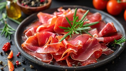 Slices of prosciutto di parma or jamon serrano (iberico) on a black plate
