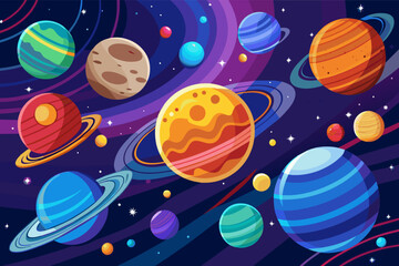 Cartoon planets and stars in a vibrant illustration.