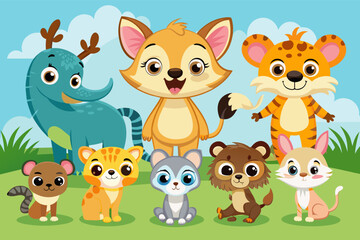 Naklejka premium Cartoon animals in the wild, including a lion, zebra, and monkey playing together in their natural habitat.