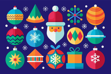 Christmas decorations vector illustration with colorful ornaments, lights, and a festive atmosphere.