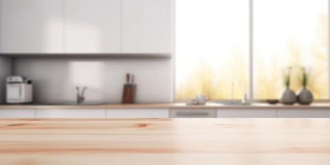 maple wood counter, table top. Include blur kitchen, light from window. Modern interior design in perspective. Empty space with wooden texture pattern at surface for background