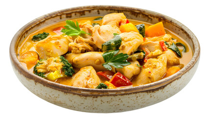  Yellow curry in a round dish, featuring chicken and vegetables, transparent background