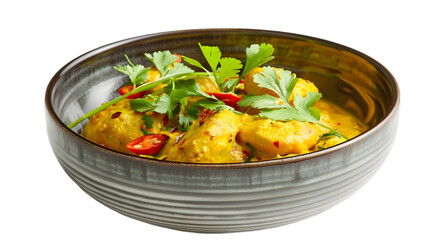 Fototapeta premium Yellow curry, topped with fresh coriander and chili flakes, showcased in a modern porcelain dish, transparent background