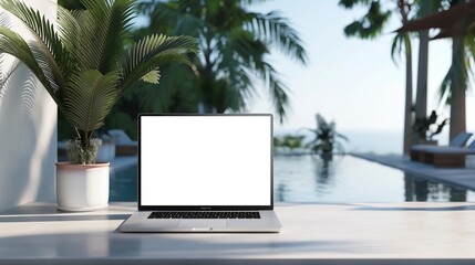 Mockup of modern laptop next to pool, AI-generative