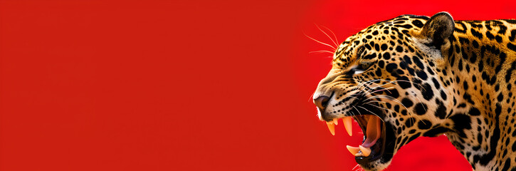 Roaring jaguar web banner. Fierce jaguar roaring, isolated on red background with space for text.