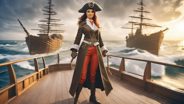 A female pirate captain stands confidently on the deck of a ship at sunset, wielding a cutlass. The background features other pirate ships and a dramatic sunset over the ocean.