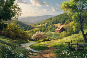 A peaceful countryside scene with rolling hills, a winding river, and a quaint farmhouse nestled among trees