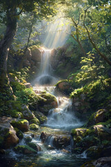 A mystical forest waterfall cascading over moss-covered rocks, with sunlight filtering through the dense canopy of trees, casting enchanting rays of light on the shimmering waters below