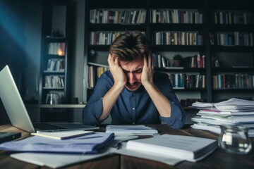 overstressed young man studying from home, covering face with his hands