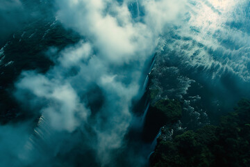 Aerial mist over a tranquil waterfall
