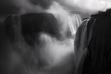 Powerful waterfall cascades with a dramatic mist against a rocky cliff in a stunning black and...