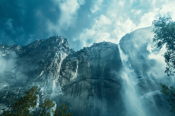 Naklejka premium Majestic mountain peaks with misty waterfall