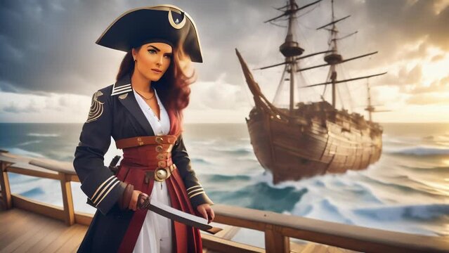 A female pirate captain stands confidently on the deck of a ship at sunset, wielding a cutlass. The background features other pirate ships and a dramatic sunset over the ocean.