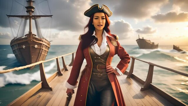 A female pirate captain stands confidently on the deck of a ship at sunset, wielding a cutlass. The background features other pirate ships and a dramatic sunset over the ocean.