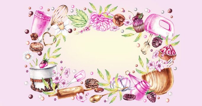 Watercolor video background with flowers and baking tools. Watercolor confectionery tools and colors appear in the frame as a frame for logos and inscriptions
