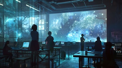 Futuristic Classroom Setting with Students Engaged in Innovative Learning Experience