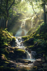 Obraz premium A mystical forest waterfall cascading over moss-covered rocks, with sunlight filtering through the dense canopy of trees, casting enchanting rays of light on the shimmering waters below