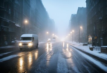'weather bad road conditions snowstorm city car snow slow rain way street windscreen headlamp...