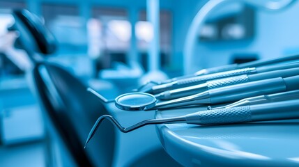 Banner dentists room office. Closeup different dental instruments and tools, blue toning.