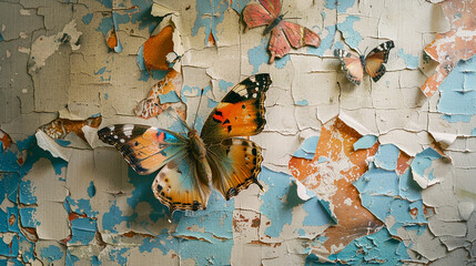 Antique wallpaper peeling away to reveal vibrant butterflies frozen in time.