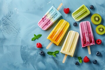 Frozen yogurt popsicles with fresh fruits and berries  sweet and delicious ice cream treats