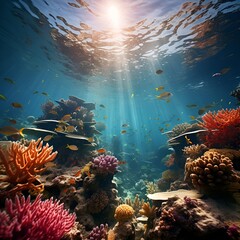 Coral reefs and fish in underwater scene