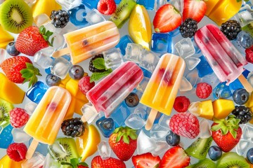 Frozen yogurt bars with fresh fruit and berries on stick for a delightful summer treat