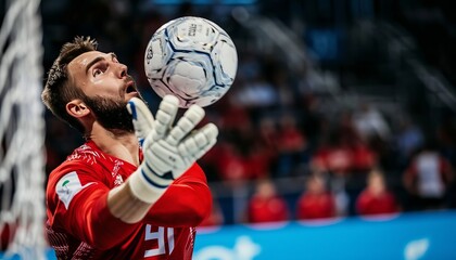 Intense focus  goalkeeper waiting for penalty shot in handball at summer olympics