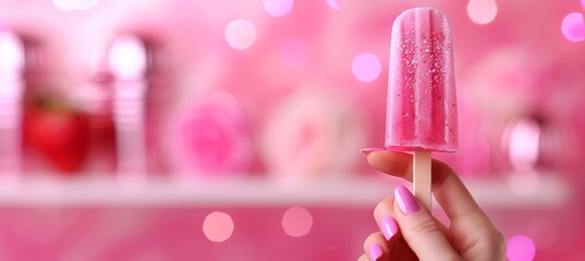Woman s hand holding strawberry popsicle with blurred background and ample space for text placement