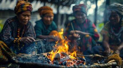 A small group of elderly women gather around a fire using coal from their collection to cook traditional meals.