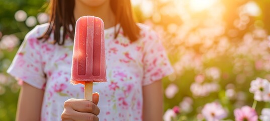 Woman s hand holding strawberry popsicle close up with blurred background and copy space