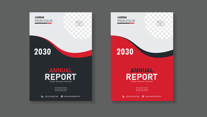 Two vertical annual report covers with red and white stripes, suitable for financial reports or business presentations with a modern design.