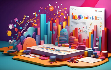 Engaging Digital Marketing Case Studies Featuring Colorful Data Visualizations and Analytics in a Stylized 3D Setting