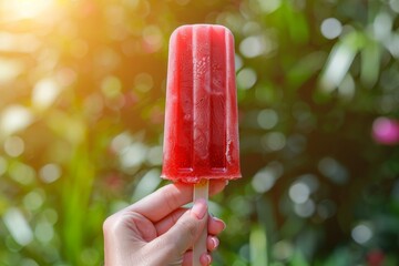 Woman s hand holding strawberry popsicle in close up with blurred background and space for text